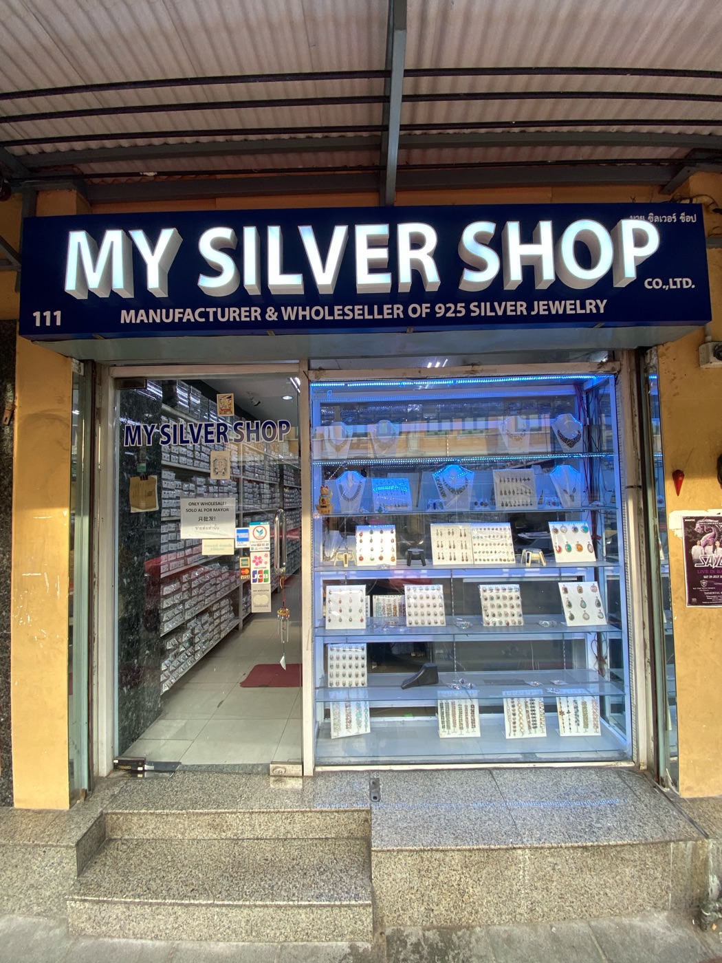 My Silver Shop storefront and signboard at 111 Thanon Tanao, Bangkok